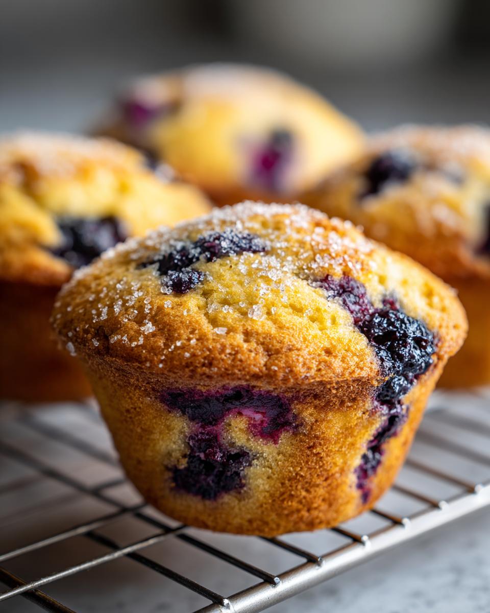 A close-up of a golden-brown blueberry cottage cheese muffin topped with coarse sugar, cooling on a wire rack.