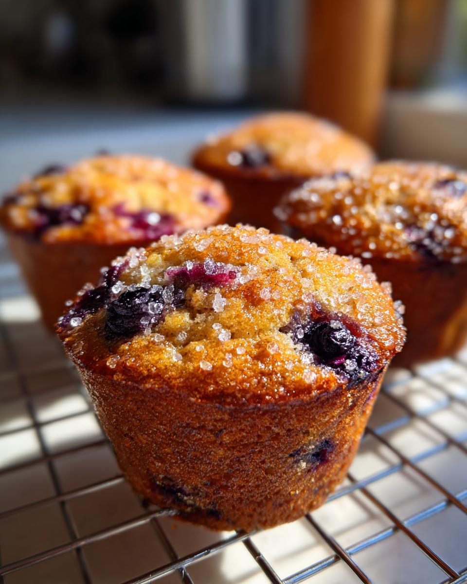 Close-up of a golden-brown blueberry cottage cheese muffin topped with coarse sugar crystals, resting on a cooling rack.