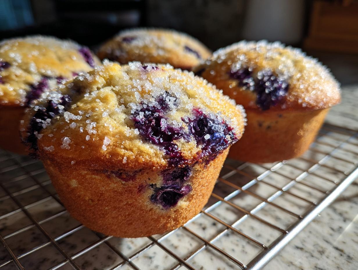 Close-up of golden blueberry cottage cheese muffins cooling on a wire rack, topped with coarse sugar.