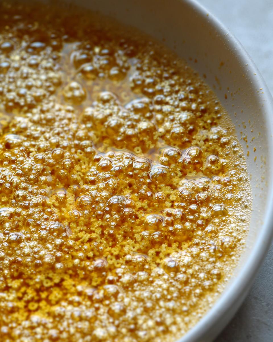 Close-up of browned butter bubbling in a white pan, an essential step for amazing pastina soup.