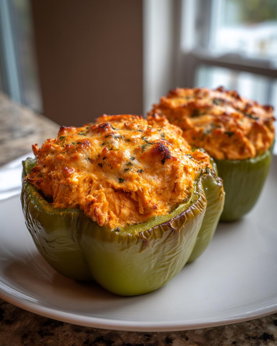 Two baked buffalo chicken stuffed peppers with melted, browned cheese topping served on a white plate.