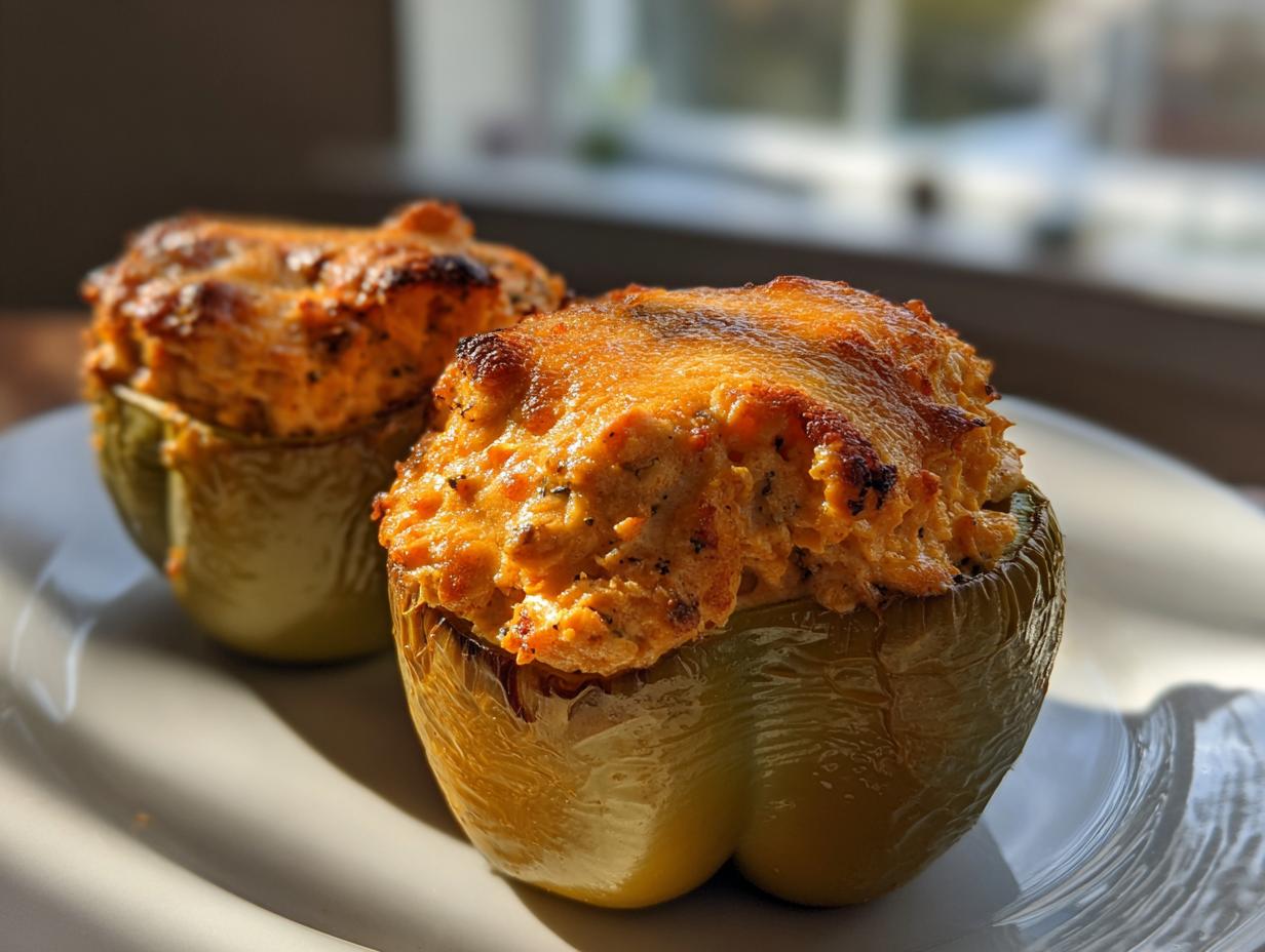 Two baked buffalo chicken stuffed peppers with melted, browned cheese topping served on a white plate.