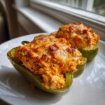 Two baked green bell peppers filled with cheesy buffalo chicken stuffing, served on a white plate.