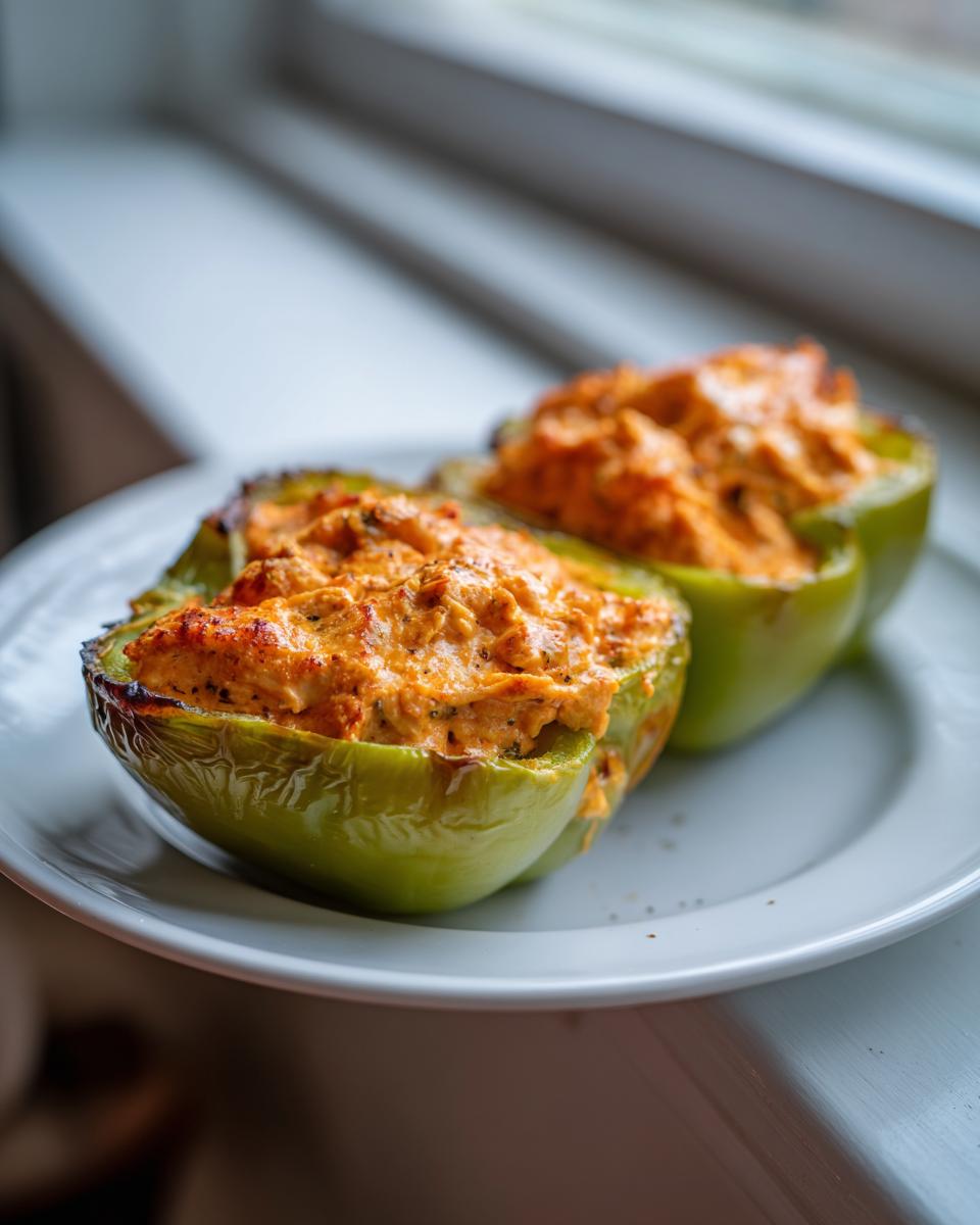 Two halves of green bell peppers filled with creamy, orange buffalo chicken mixture, served on a white plate.