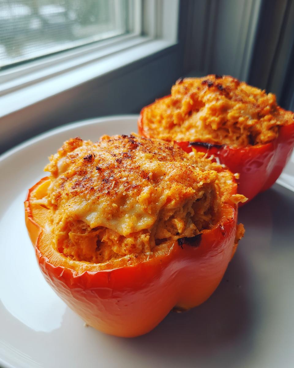 Two bright orange buffalo chicken stuffed peppers, baked with a cheesy, browned top, sitting on a white plate.