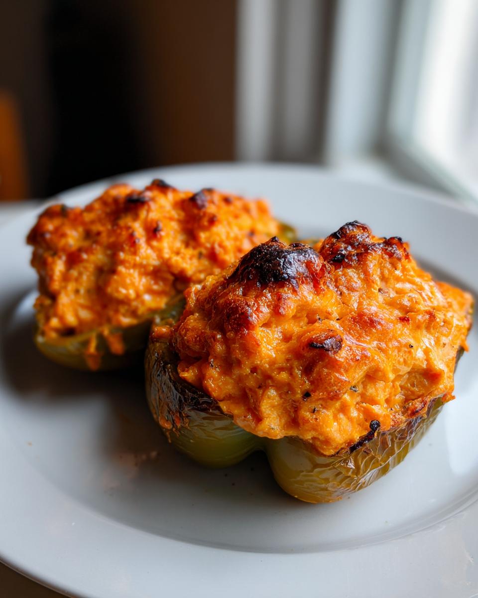 Two baked buffalo chicken stuffed peppers with a bubbly, browned, cheesy topping served on a white plate.