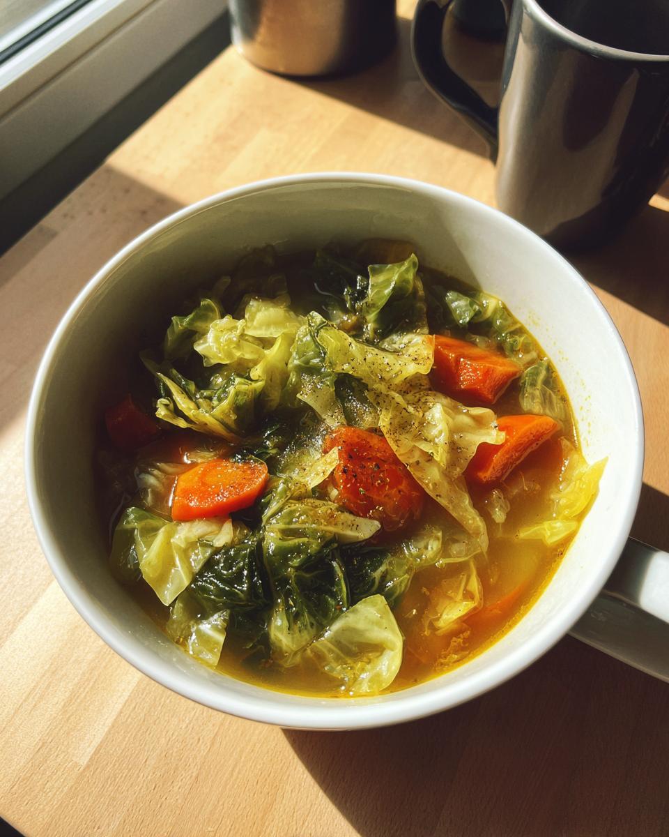 Close-up of a white bowl filled with vibrant cabbage soup, featuring large pieces of green cabbage and bright orange carrots.