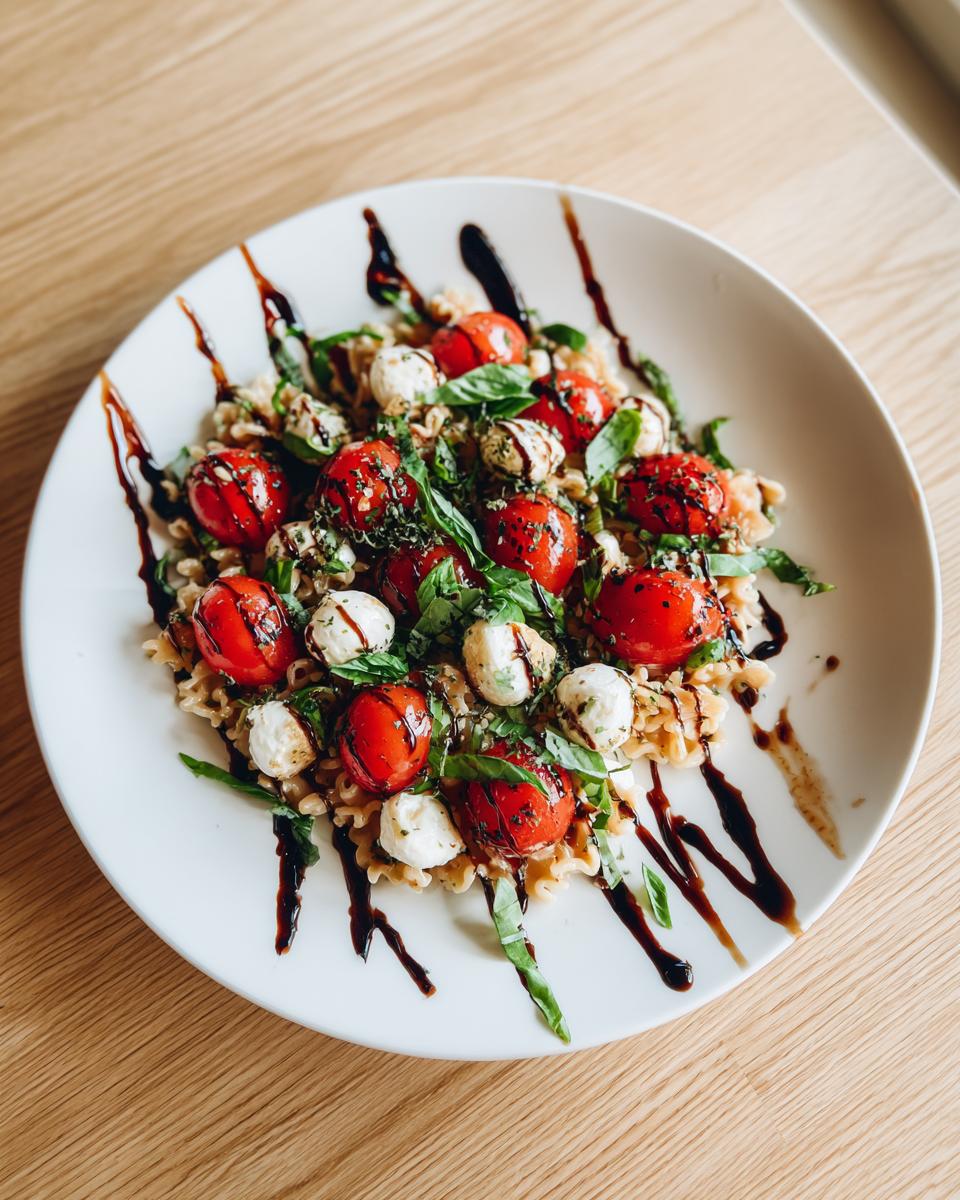 A vibrant plate of caprese pasta salad featuring cherry tomatoes, mozzarella balls, and basil, drizzled with balsamic glaze.