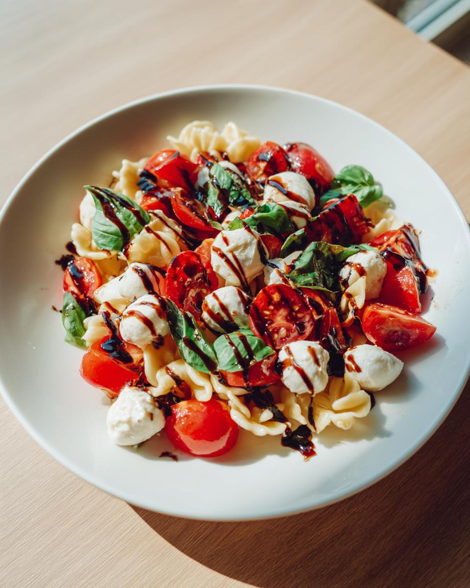 Close-up of a bowl of caprese pasta salad featuring fusilli, cherry tomatoes, mozzarella balls, and basil drizzled with balsamic glaze.
