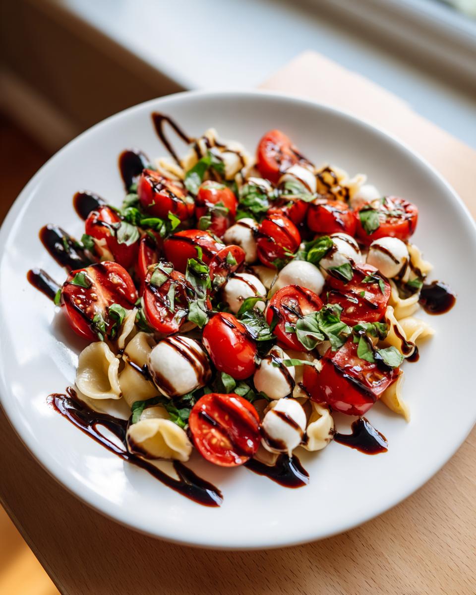 A close-up of a serving of caprese pasta salad featuring cherry tomatoes, mozzarella balls, and basil drizzled with balsamic glaze.