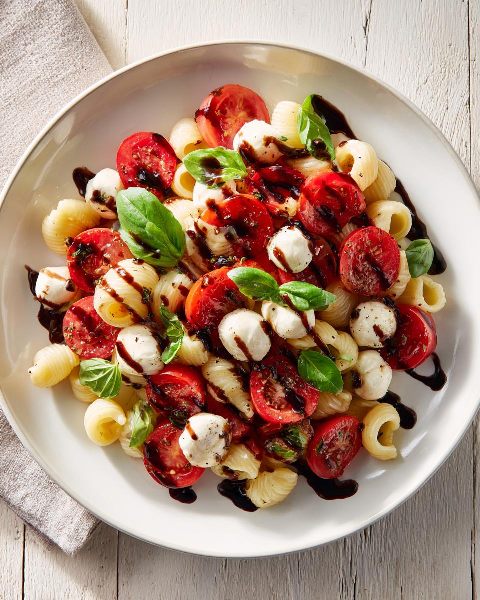 A white bowl filled with caprese pasta salad featuring shell pasta, cherry tomatoes, mozzarella balls, and basil, drizzled with balsamic glaze.