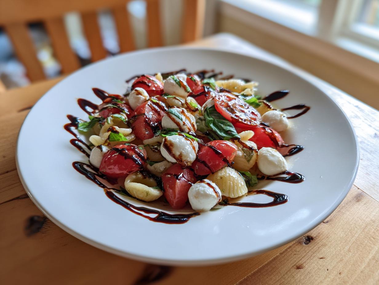 A plate of fresh caprese pasta salad featuring cherry tomatoes, mozzarella balls, and basil, drizzled with balsamic glaze.