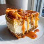 A decadent slice of caramel apple cheesecake topped with spiced apples and rich caramel sauce dripping down the sides.