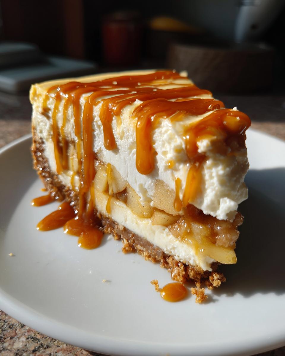 A decadent slice of caramel apple cheesecake topped with whipped cream and a generous caramel drizzle.
