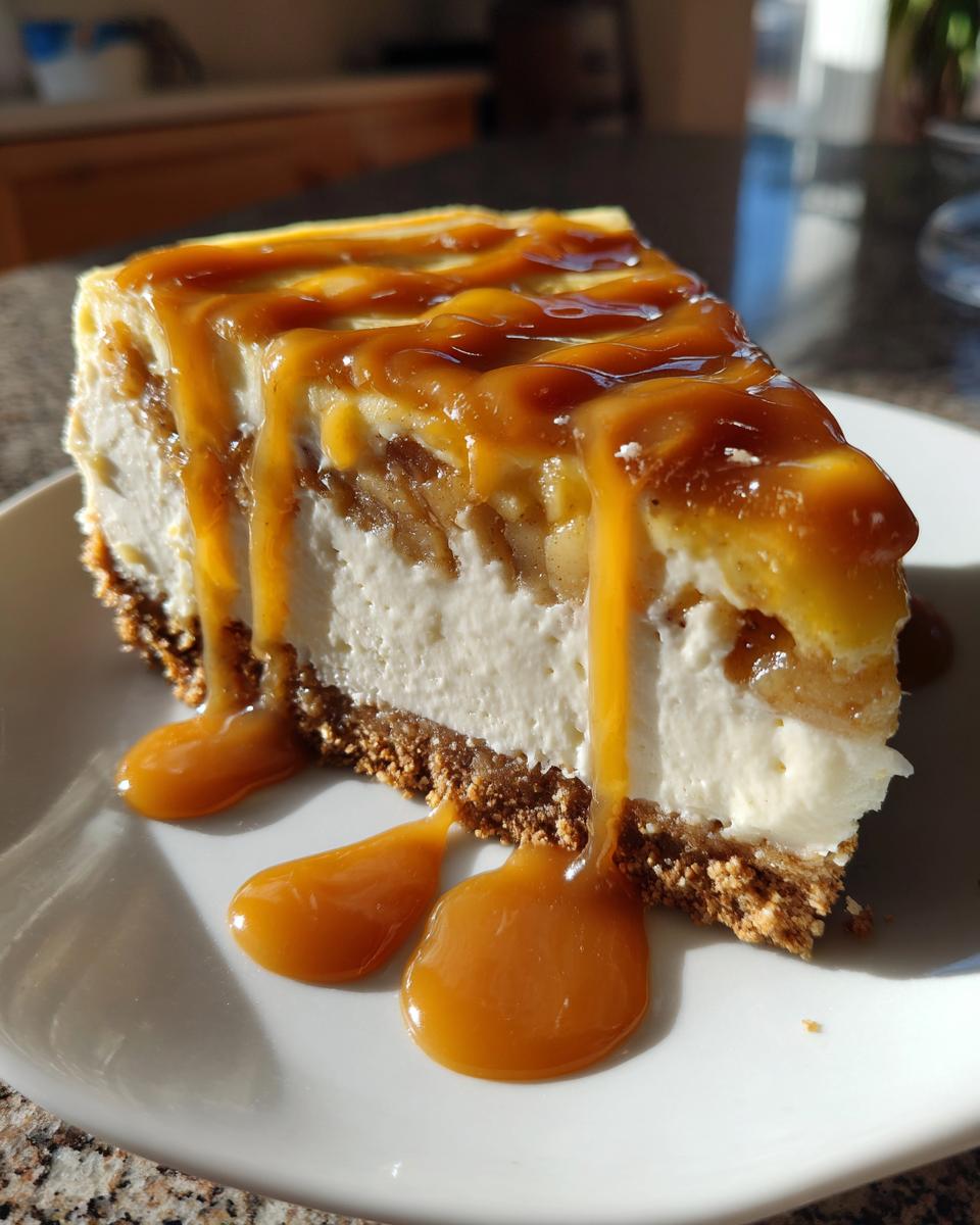 A close-up of a thick slice of caramel apple cheesecake topped with rich caramel sauce dripping down the sides.