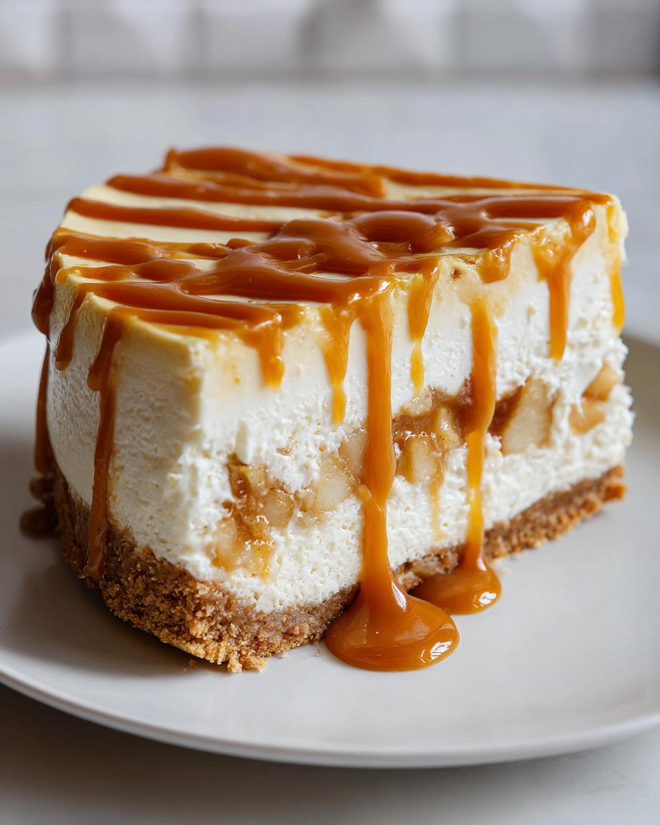 A decadent slice of caramel apple cheesecake topped with rich caramel sauce dripping down the sides.