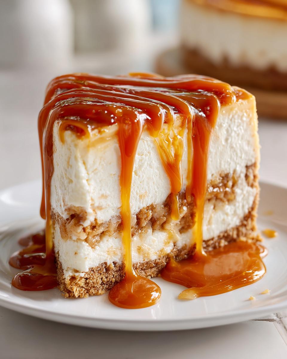 A decadent slice of caramel apple cheesecake topped with thick, flowing caramel sauce.