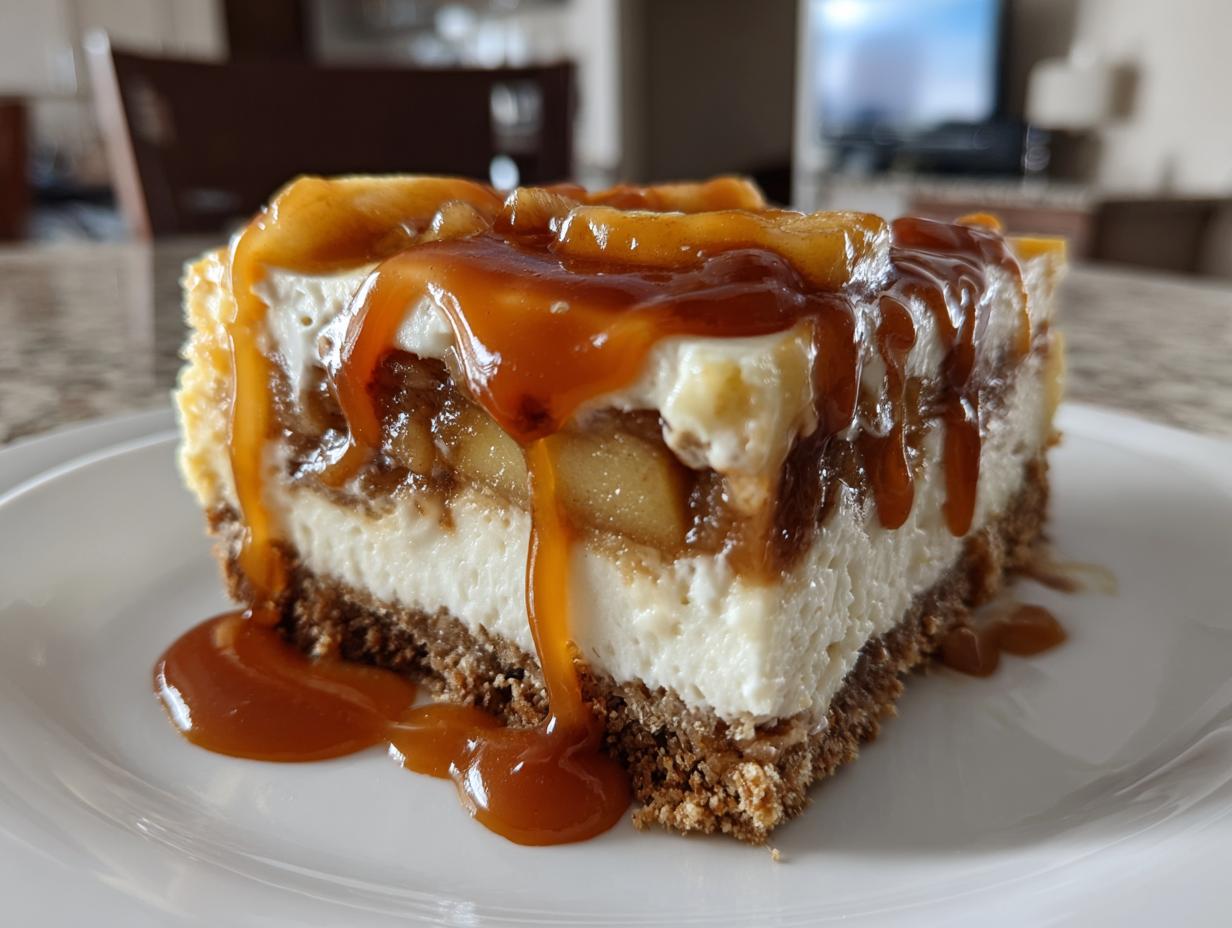 Close-up of a rich slice of caramel apple cheesecake topped with thick caramel sauce.