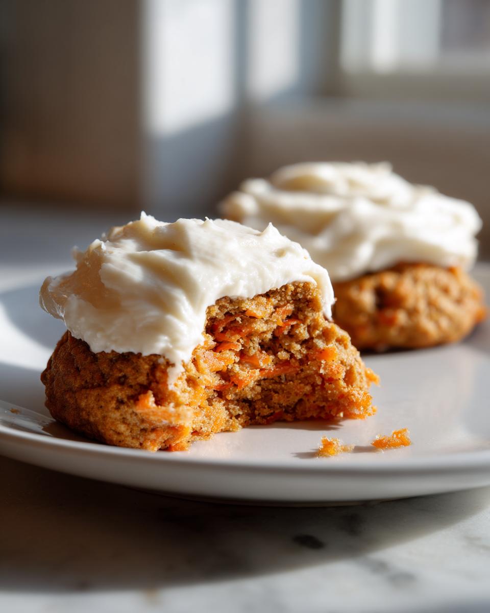 Close-up of a carrot cake cookies half, showing moist interior texture and thick cream cheese frosting.