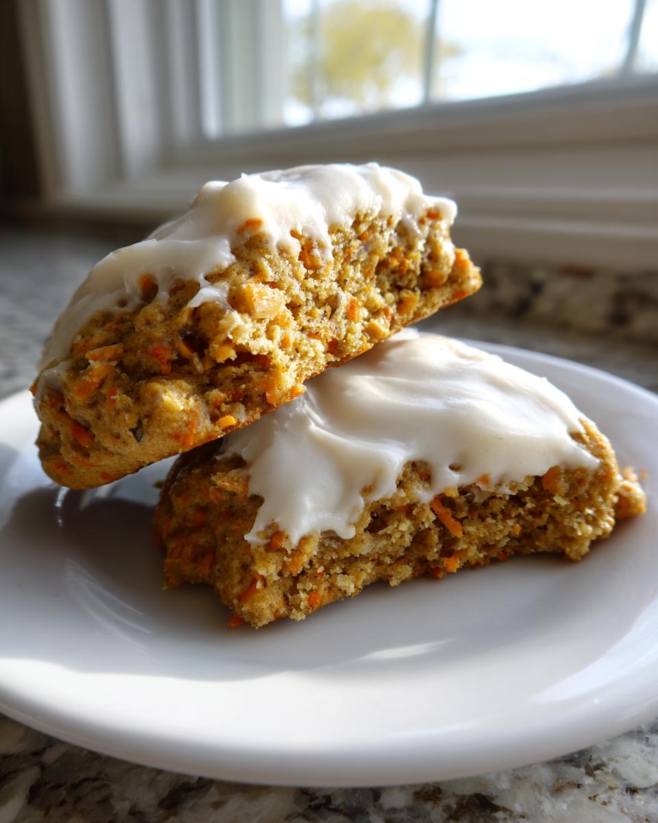 Two halves of thick carrot cake cookies topped with thick cream cheese frosting, showing texture.