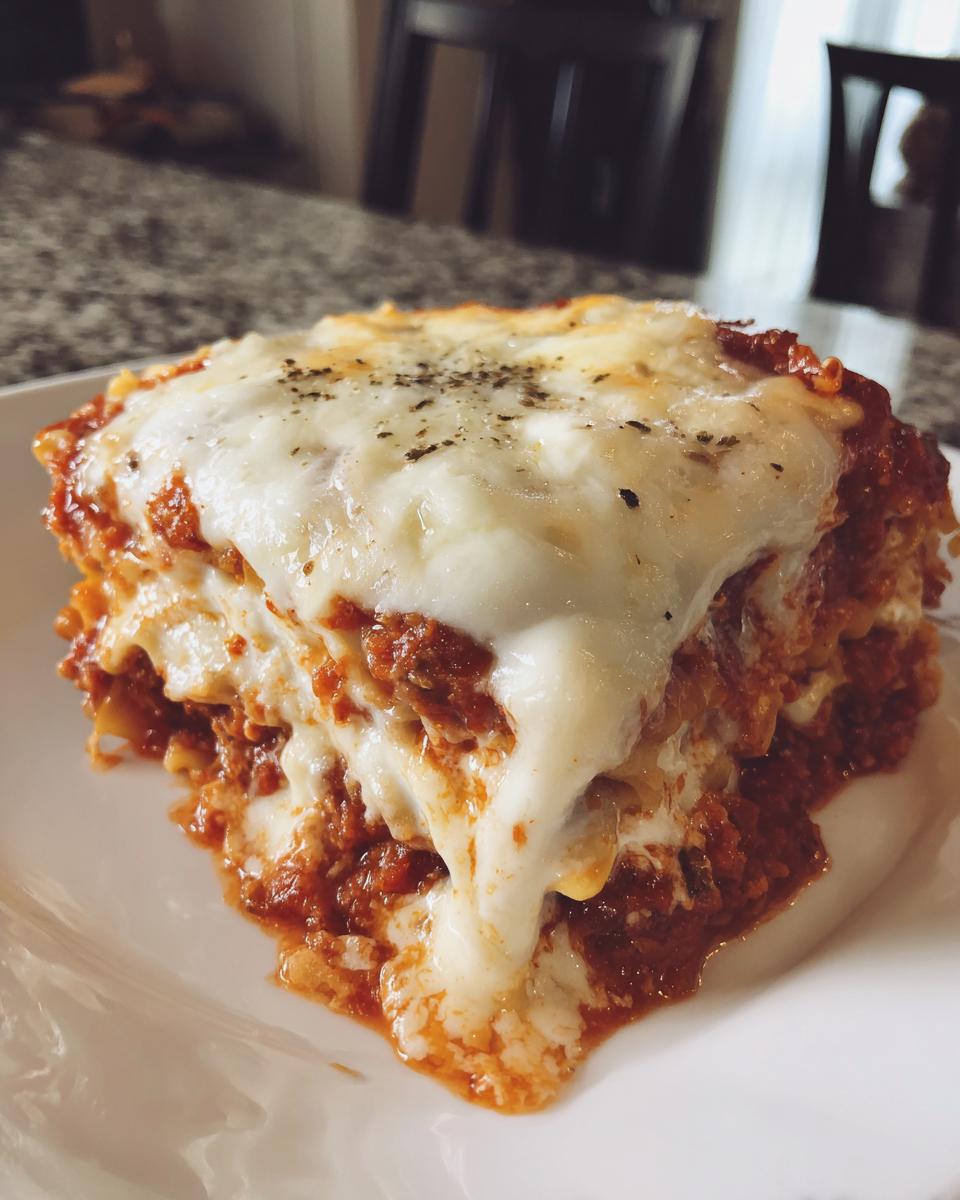 A thick slice of baked ravioli layered with meat sauce and melted mozzarella cheese, seasoned with pepper.