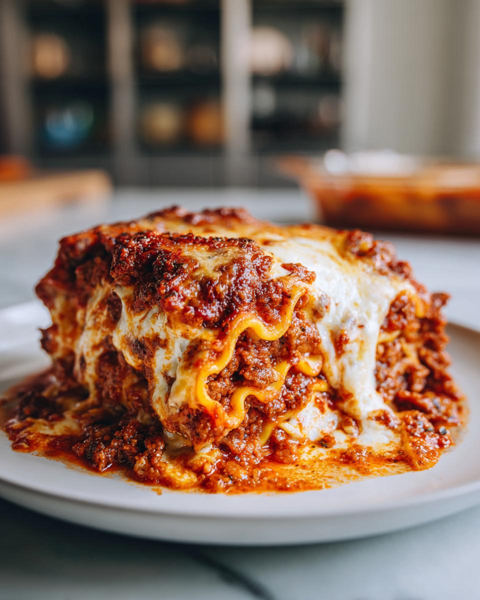 A rich, cheesy slice of baked ravioli layered with meat sauce and melted mozzarella cheese.