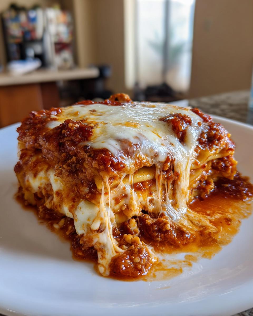 Close-up of a cheesy, saucy slice of baked ravioli oozing melted mozzarella and rich meat sauce.
