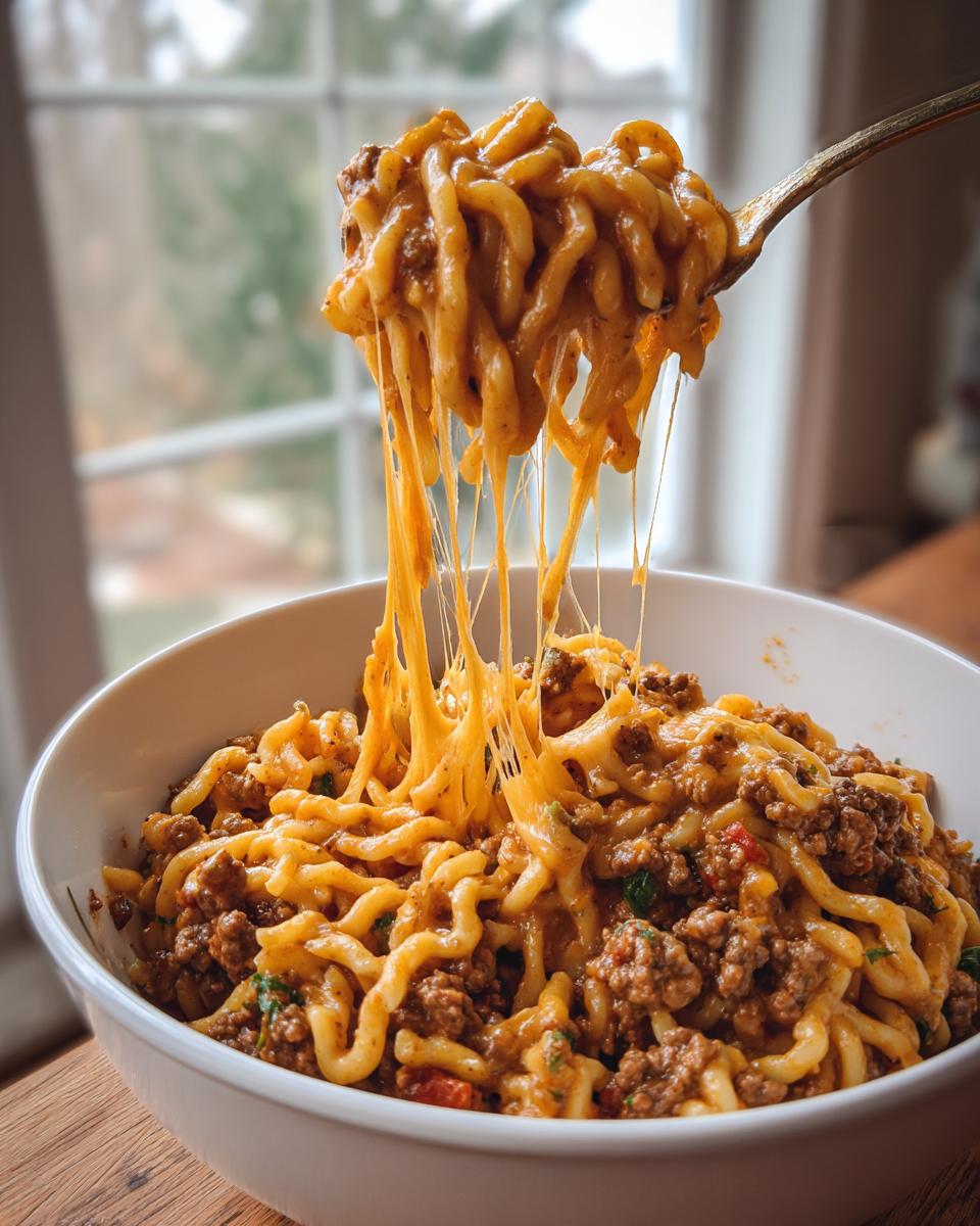 A fork lifts cheesy, saucy noodles from a bowl of delicious taco pasta with ground beef.