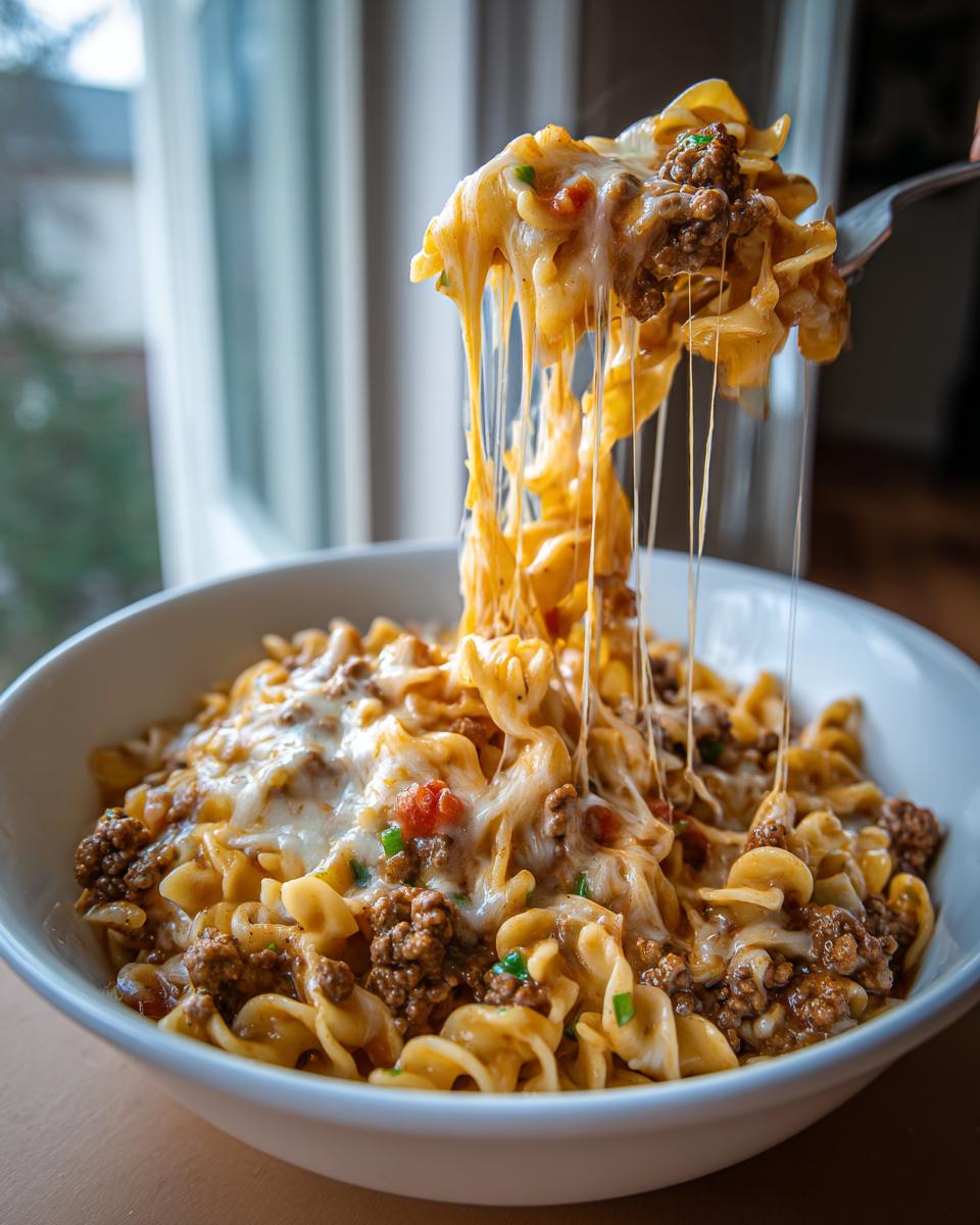 A fork lifts a cheesy, saucy portion of taco pasta from a white bowl, showing long cheese pulls.