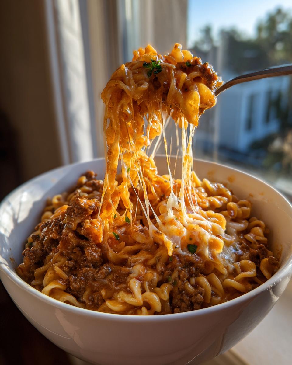A spoonful of cheesy, saucy taco pasta being lifted from a white bowl, showing long cheese pulls.