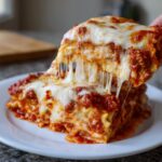 A slice of baked ravioli with incredible cheese pull, covered in meat sauce.