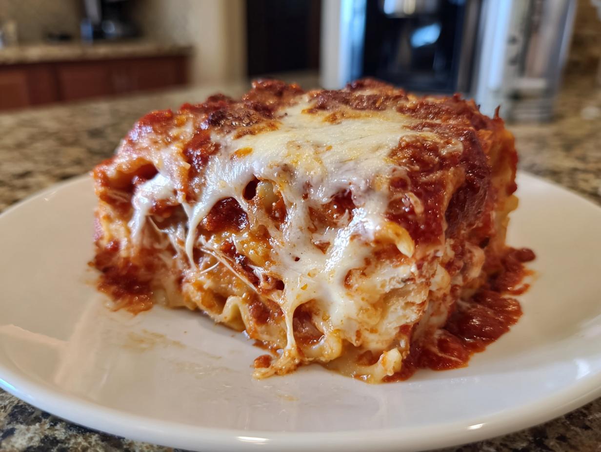 Close-up of a cheesy, saucy slice of baked ravioli on a white plate, showing melted cheese pull.