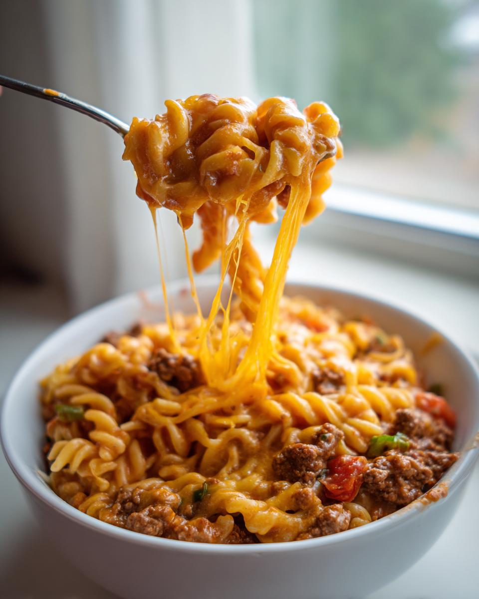 A fork lifting cheesy, saucy taco pasta out of a white bowl, showing long cheese pulls.