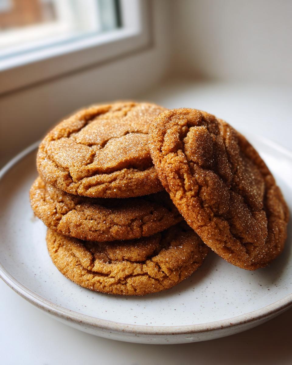 A stack of four chewy, crinkled cinnamon cookies coated in sugar, resting on a speckled white plate.