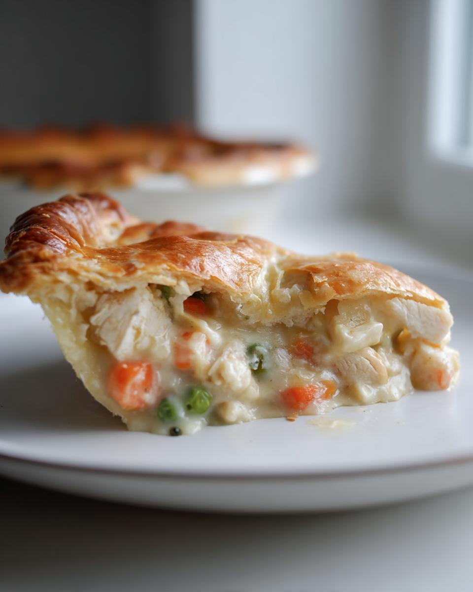 A close-up slice of chicken pot pie recipe showing creamy filling, chicken, carrots, and peas under a golden, flaky crust.