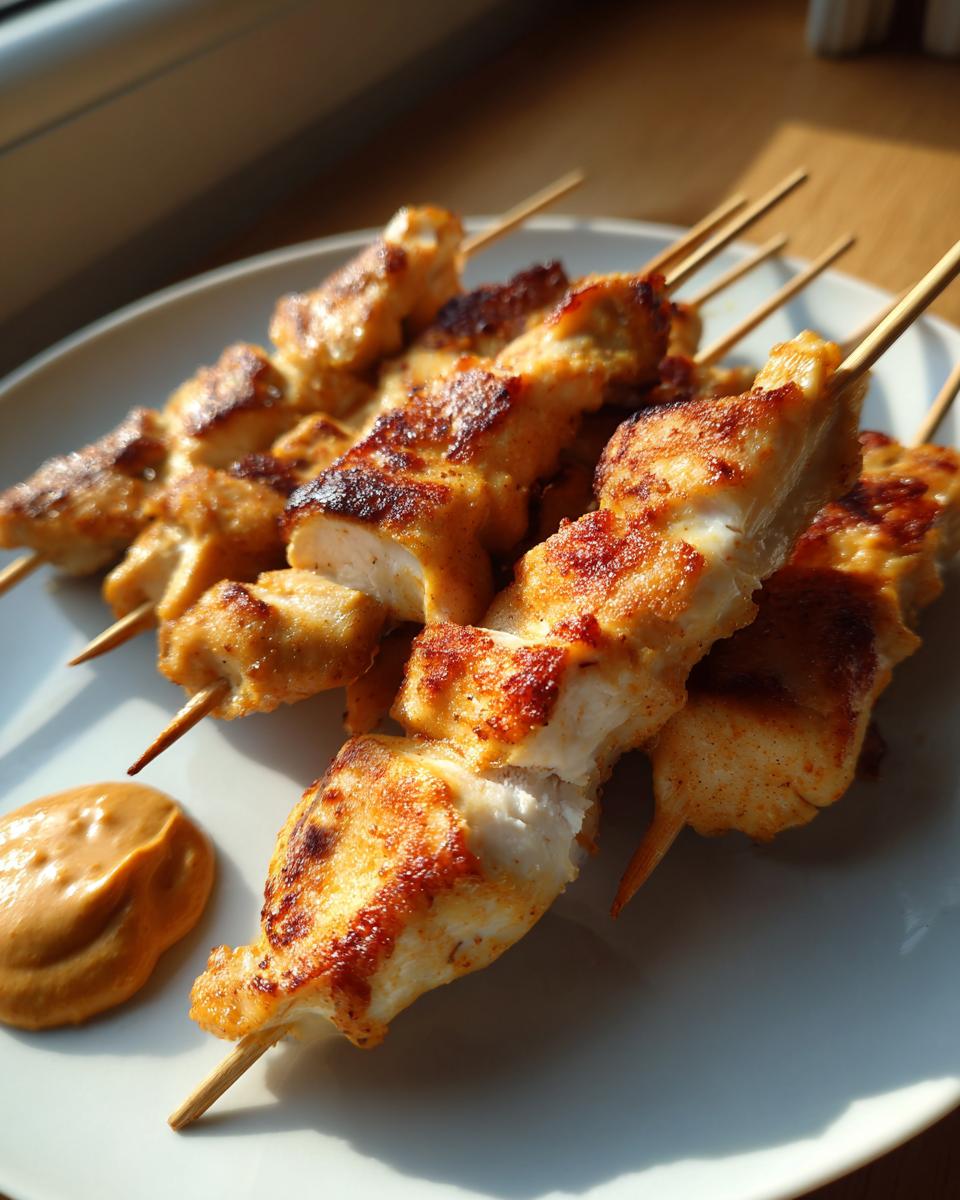 Close-up of grilled chicken satay skewers on a white plate next to a dollop of peanut sauce.