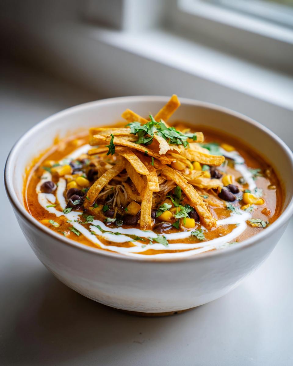 A close-up of a bowl of vibrant chicken tortilla soup topped with crispy tortilla strips, corn, black beans, and a swirl of cream.