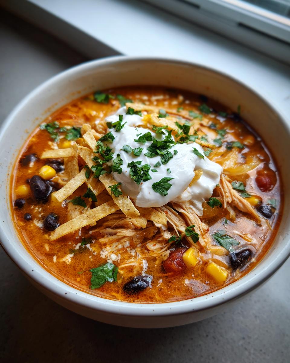 Close-up of a bowl of rich, orange chicken tortilla soup topped with shredded chicken, black beans, corn, tortilla strips, and sour cream.
