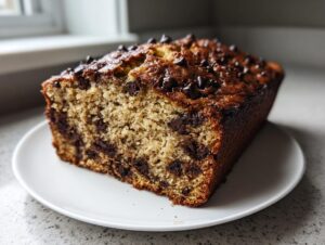 A freshly baked loaf of chocolate chip banana bread, sliced to show moist interior, sitting on a white plate.
