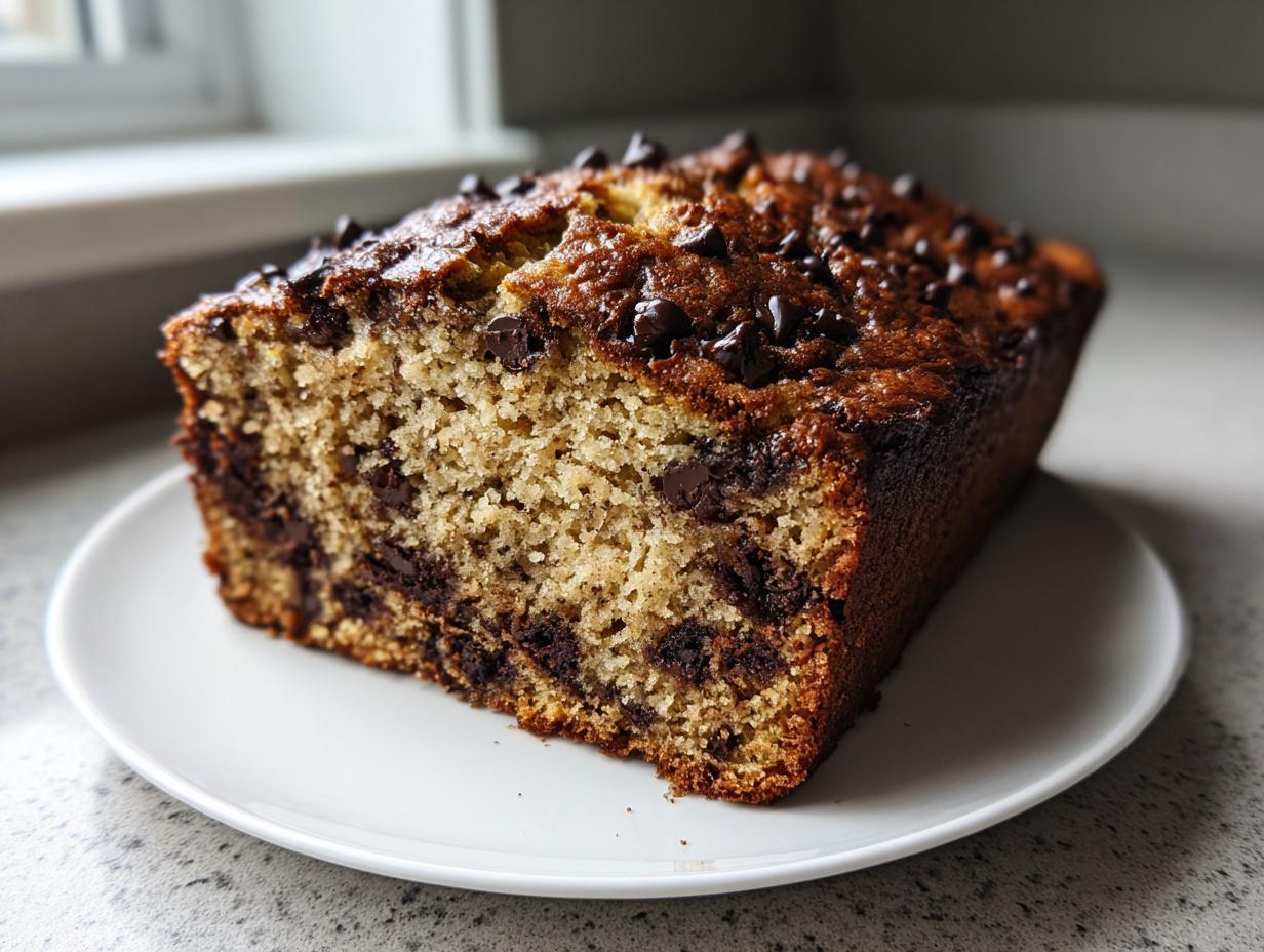 A freshly baked loaf of chocolate chip banana bread, sliced to show moist interior, sitting on a white plate.