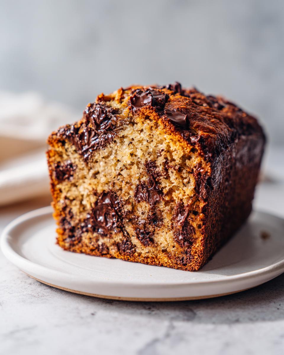 A thick slice of moist chocolate chip banana bread with melted chocolate chunks on a small white plate.