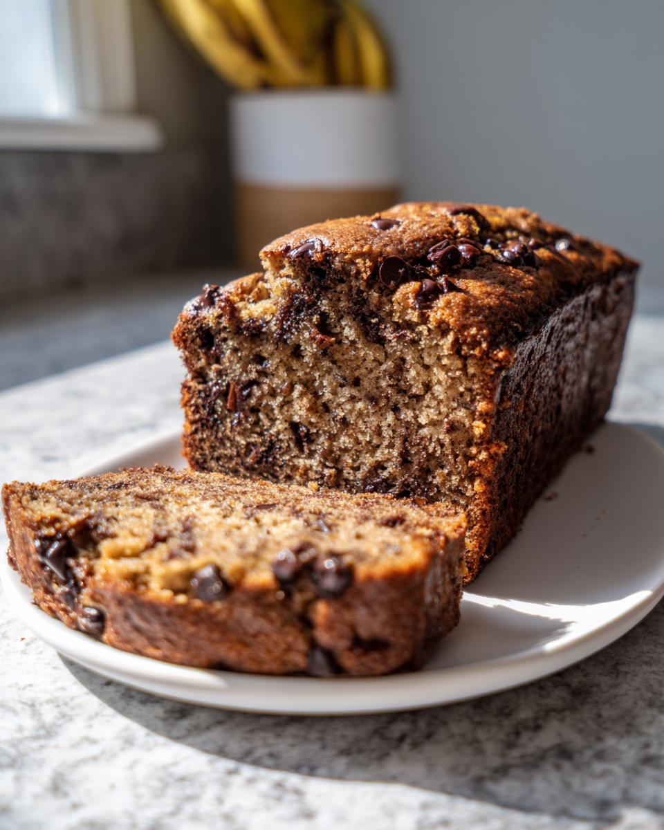 A loaf of moist chocolate chip banana bread with one slice cut and resting in front.