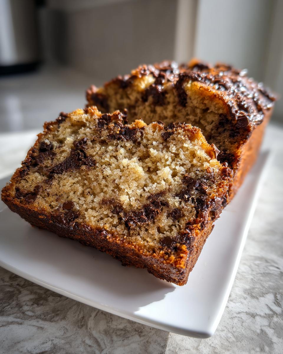 Close-up of a freshly baked chocolate chip banana bread loaf, sliced to show moist texture and melted chocolate chips.