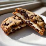 A chocolate chip cheesecake cookie cut in half, revealing a thick, creamy cheesecake filling inside.