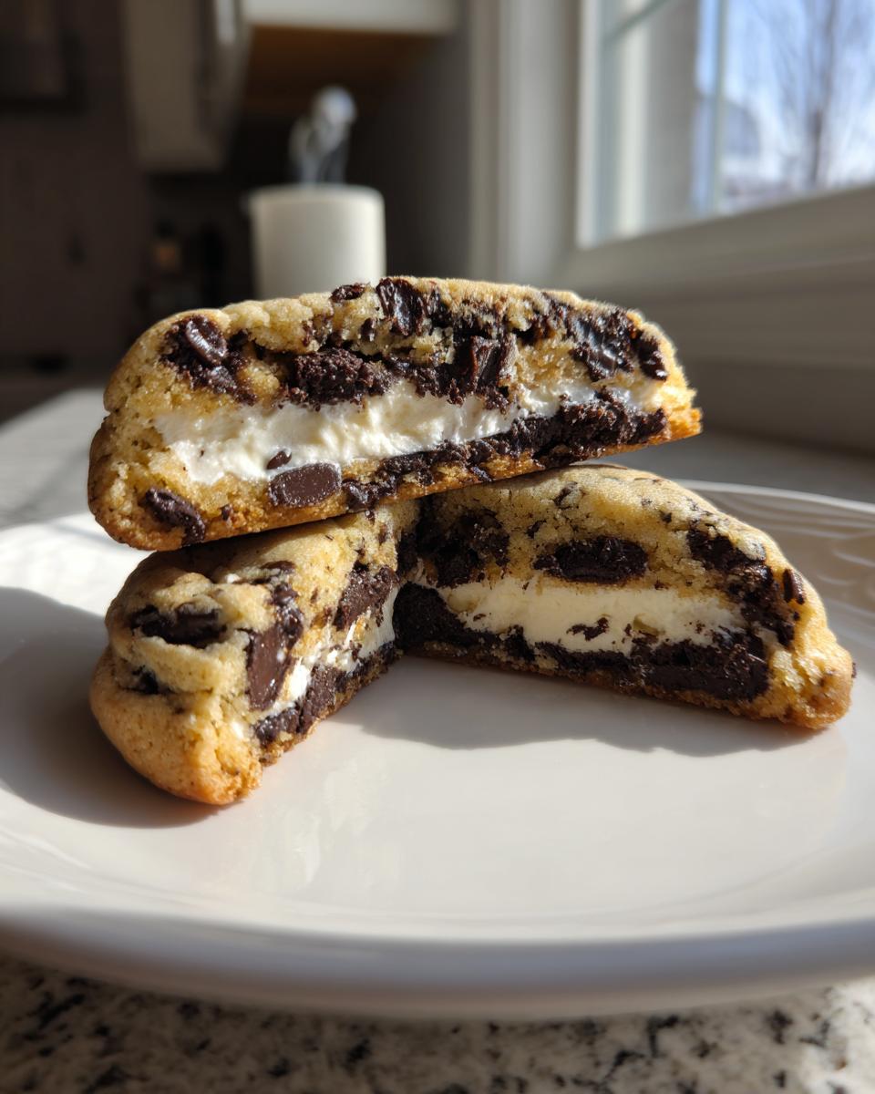 Two halves of a chocolate chip cheesecake cookie stacked, showing the thick, creamy cheesecake filling inside.