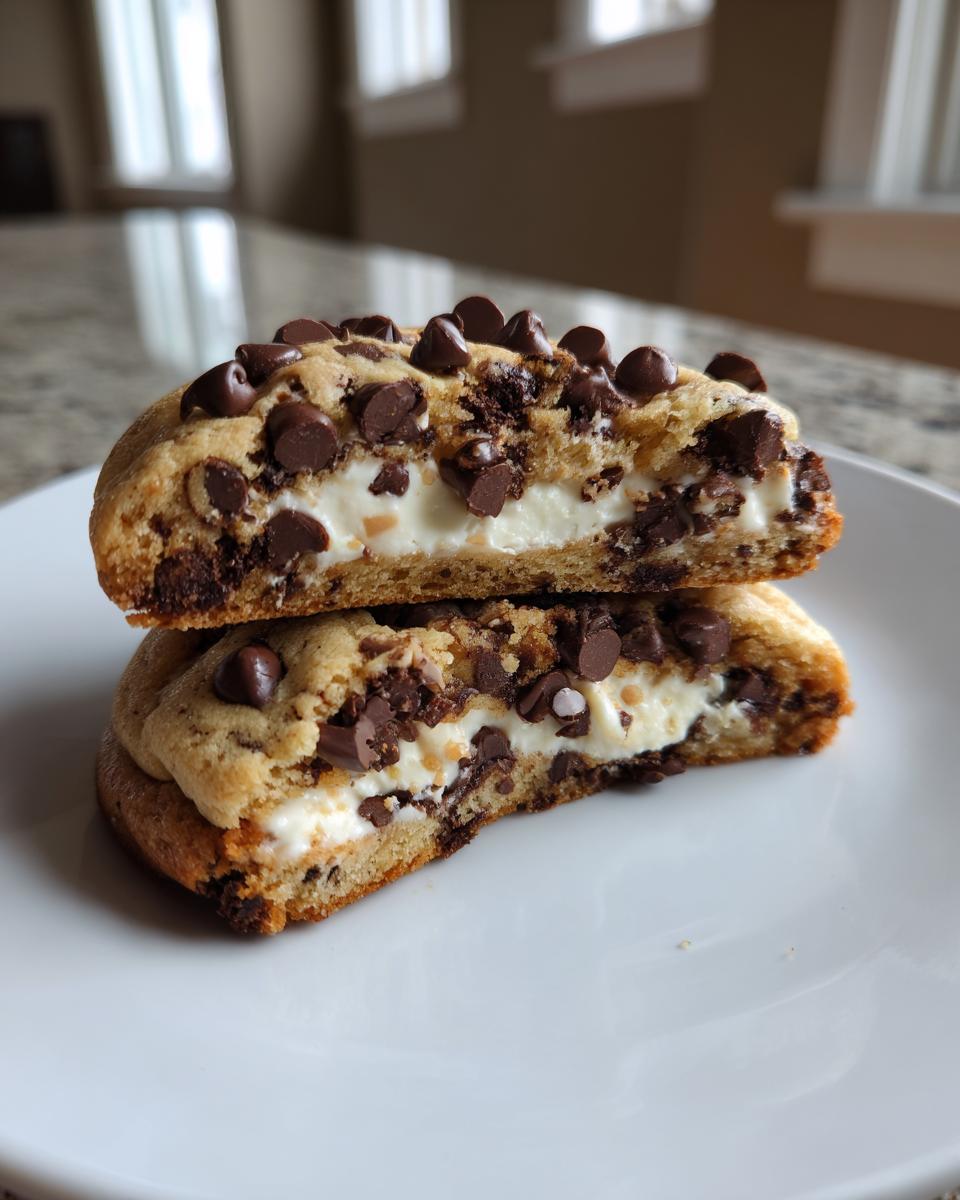 Two halves of a chocolate chip cheesecake cookie stacked, showing the creamy white cheesecake filling inside.