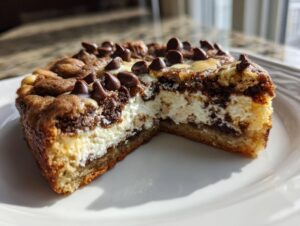 A close-up of a chocolate chip cheesecake cookie cut in half, showing the creamy white filling and chocolate chips.