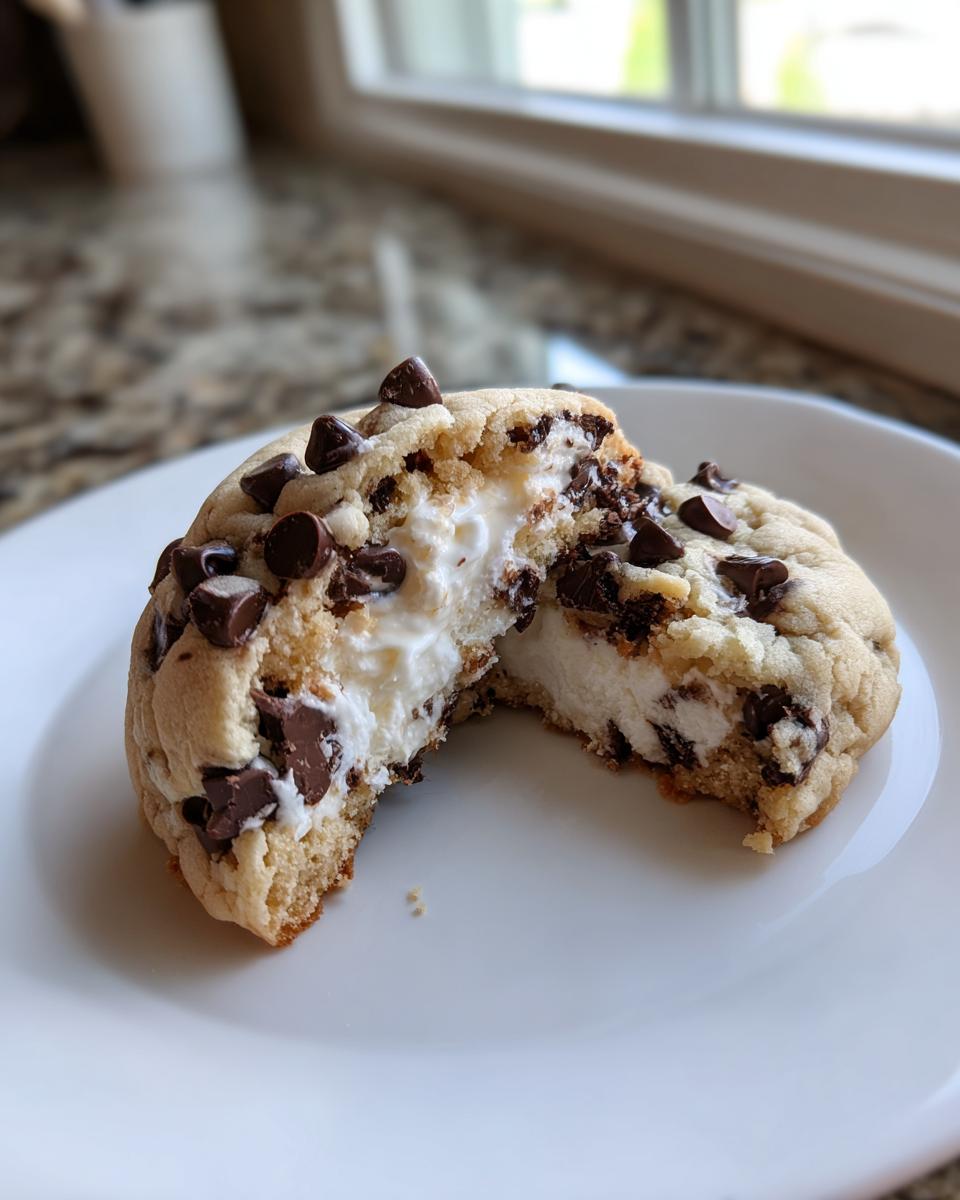 A chocolate chip cheesecake cookie cut in half showing the creamy white cheesecake filling inside.