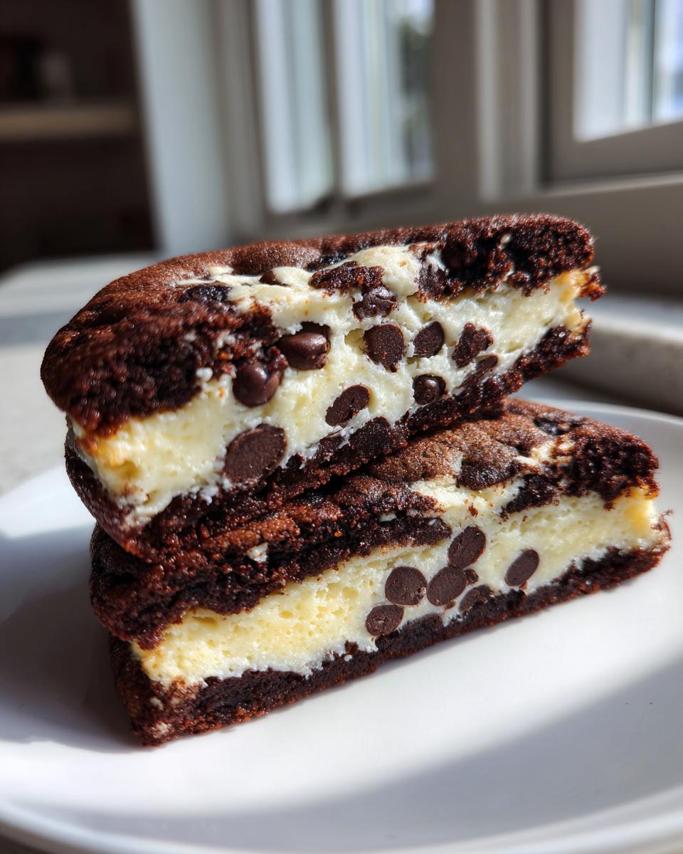 Two stacked chocolate chip cheesecake cookies cut in half, showing the rich dark chocolate exterior and creamy cheesecake filling studded with chips.