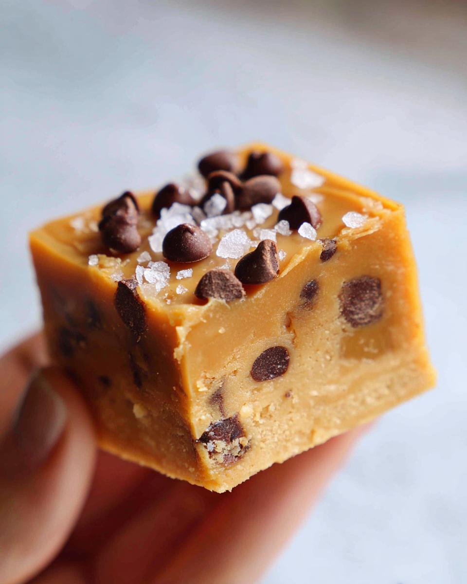 A person holding a square piece of chocolate chip salted caramel fudge topped with sea salt.